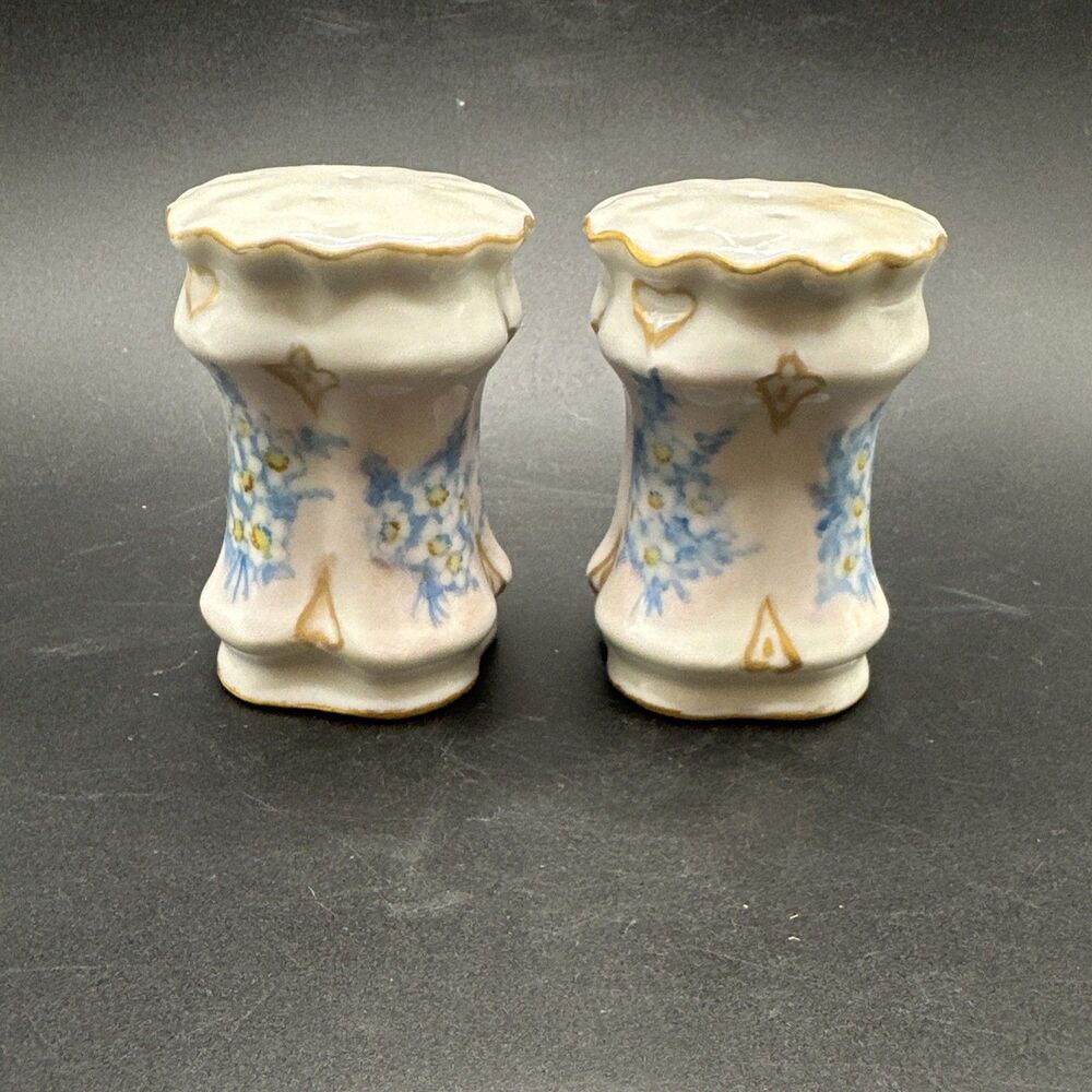 Vintage Ceramic Blue Floral Salt Pepper Shakers Hand Painted Gold Tops Signed
